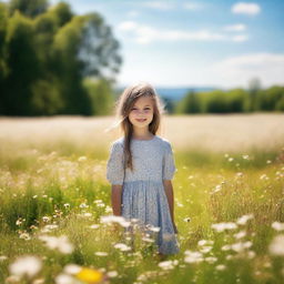 A young girl standing in the middle of a blossoming meadow during a bright, sunny day.