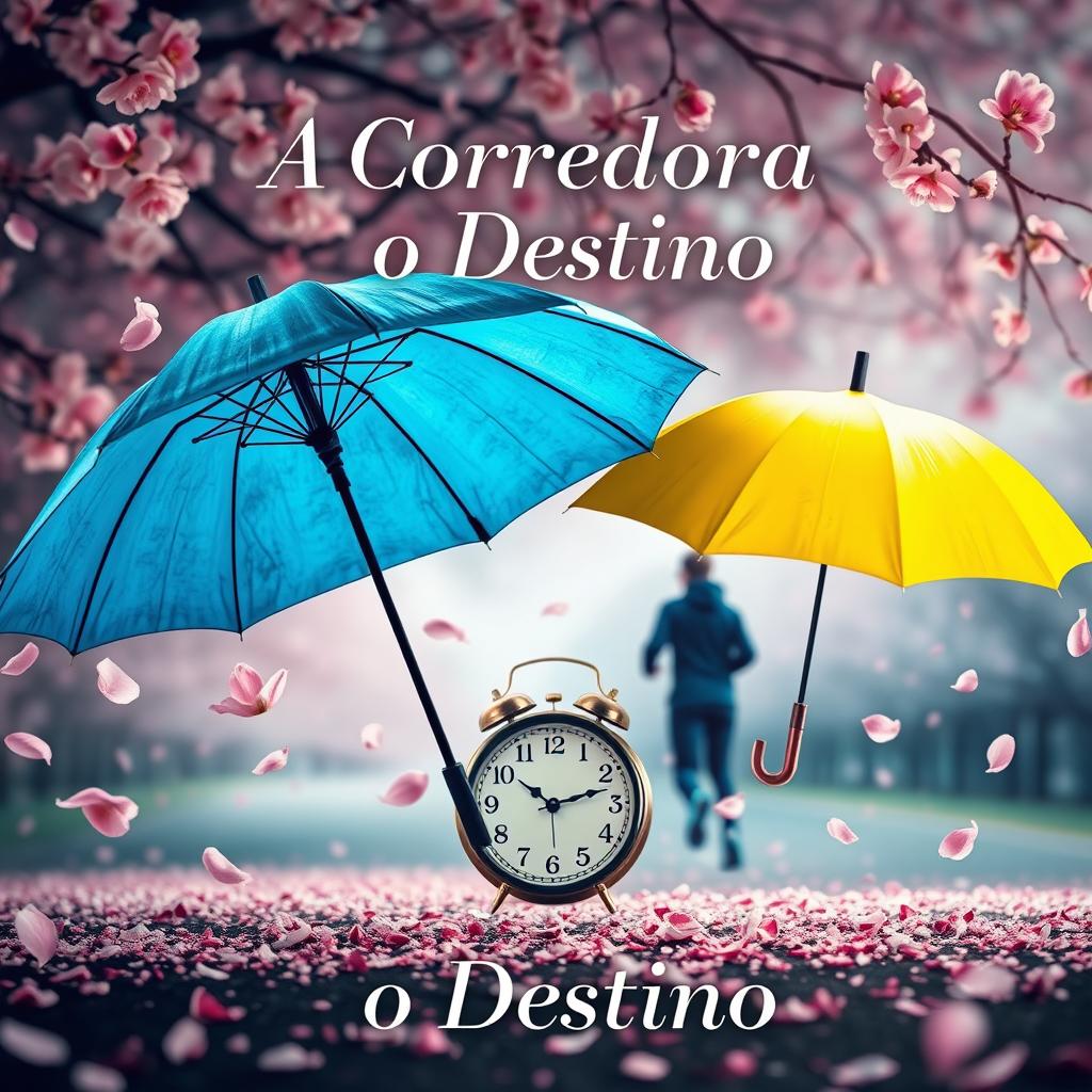 A captivating book cover design that beautifully blends the themes of time and destiny, featuring a striking blue umbrella and a vibrant yellow umbrella, both open and juxtaposed against a backdrop of delicate cherry blossom petals scattered in the air