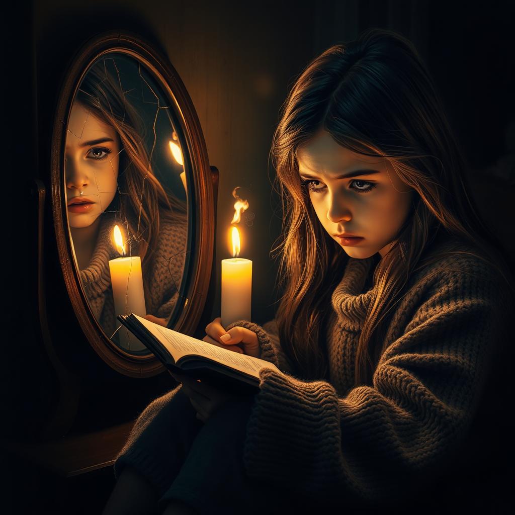 A young girl, deeply immersed in writing in her diary by the warm glow of candlelight, portraying a look of anxiety and fear