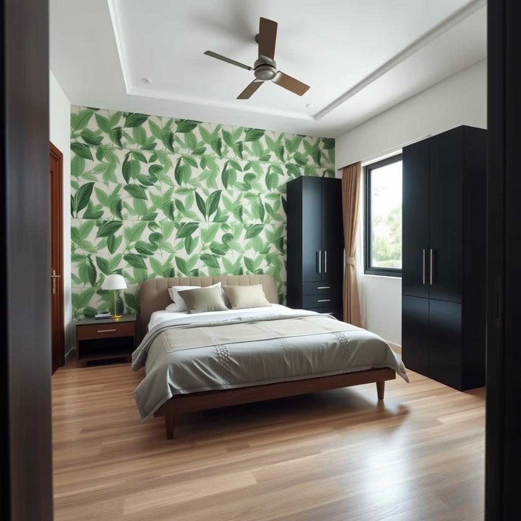 A cozy bedroom viewed from the entrance door, showcasing unique design elements
