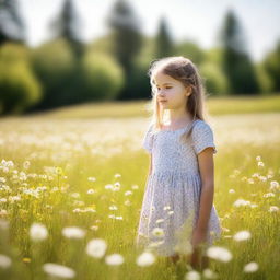 A young girl standing in the middle of a blossoming meadow during a bright, sunny day.