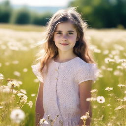 A young girl standing in the middle of a blossoming meadow during a bright, sunny day.