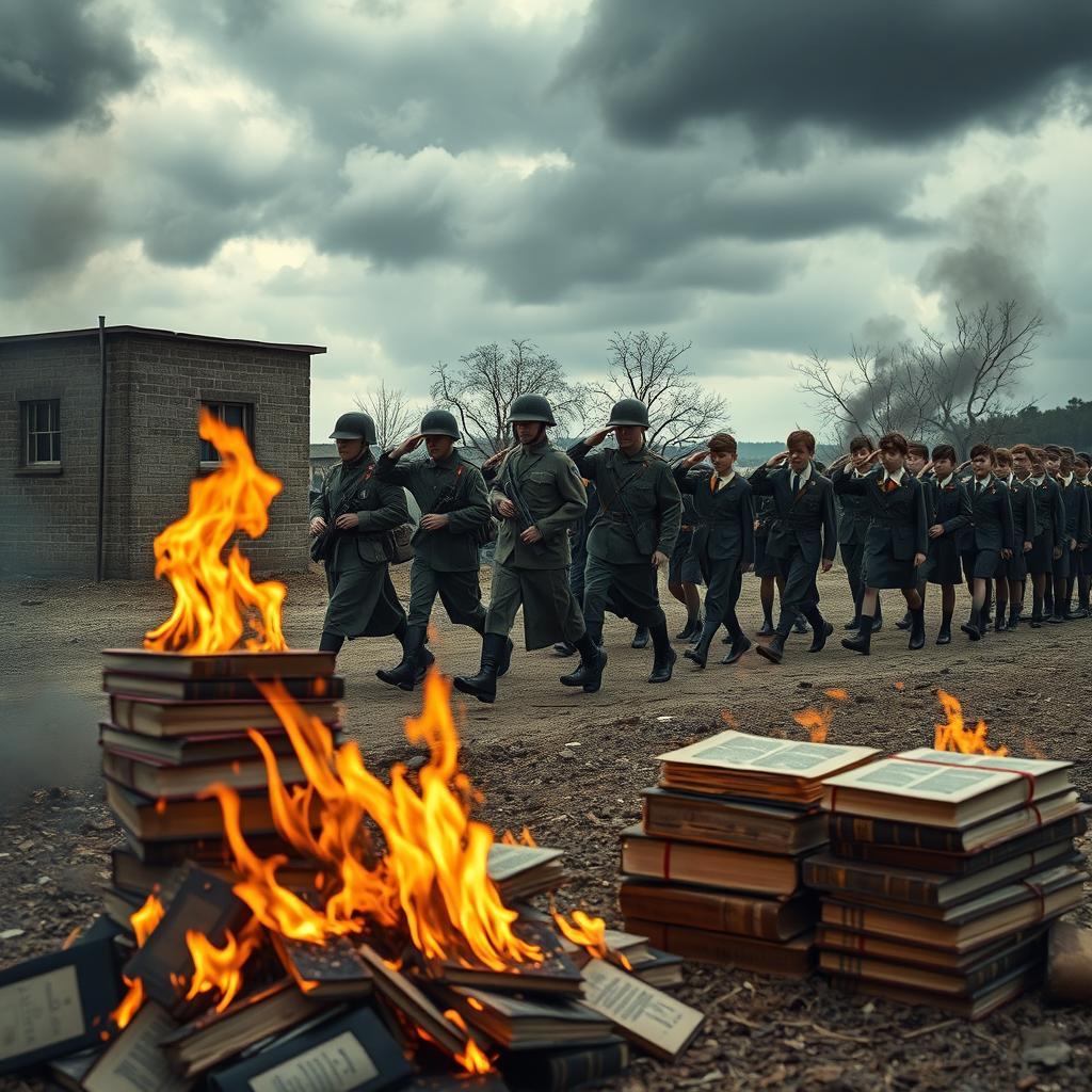 A dramatic scene depicting soldiers marching in uniform across a desolate landscape, with flames and smoke rising from stacks of burning books in the foreground