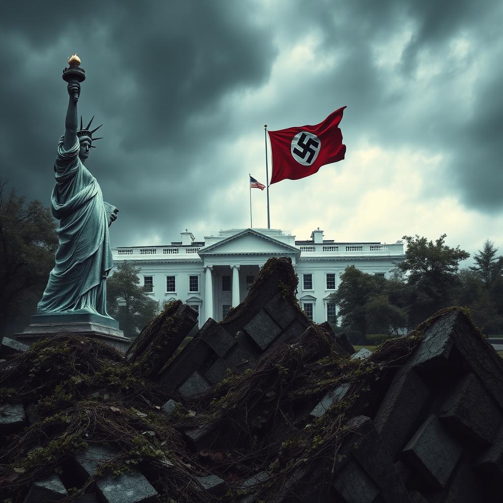 A hauntingly surreal scene depicting the ruins of the Statue of Liberty, overgrown with vines and cracking under the weight of time, set against a dark and stormy sky
