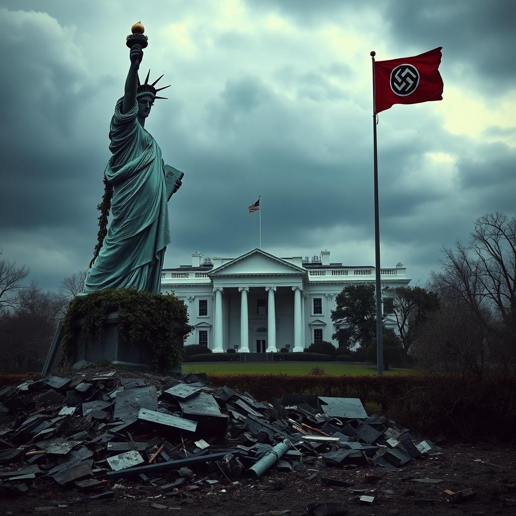 A dystopian scene featuring the Statue of Liberty in ruins, with parts of the statue crumbled and overgrown with vines, representing a lost era