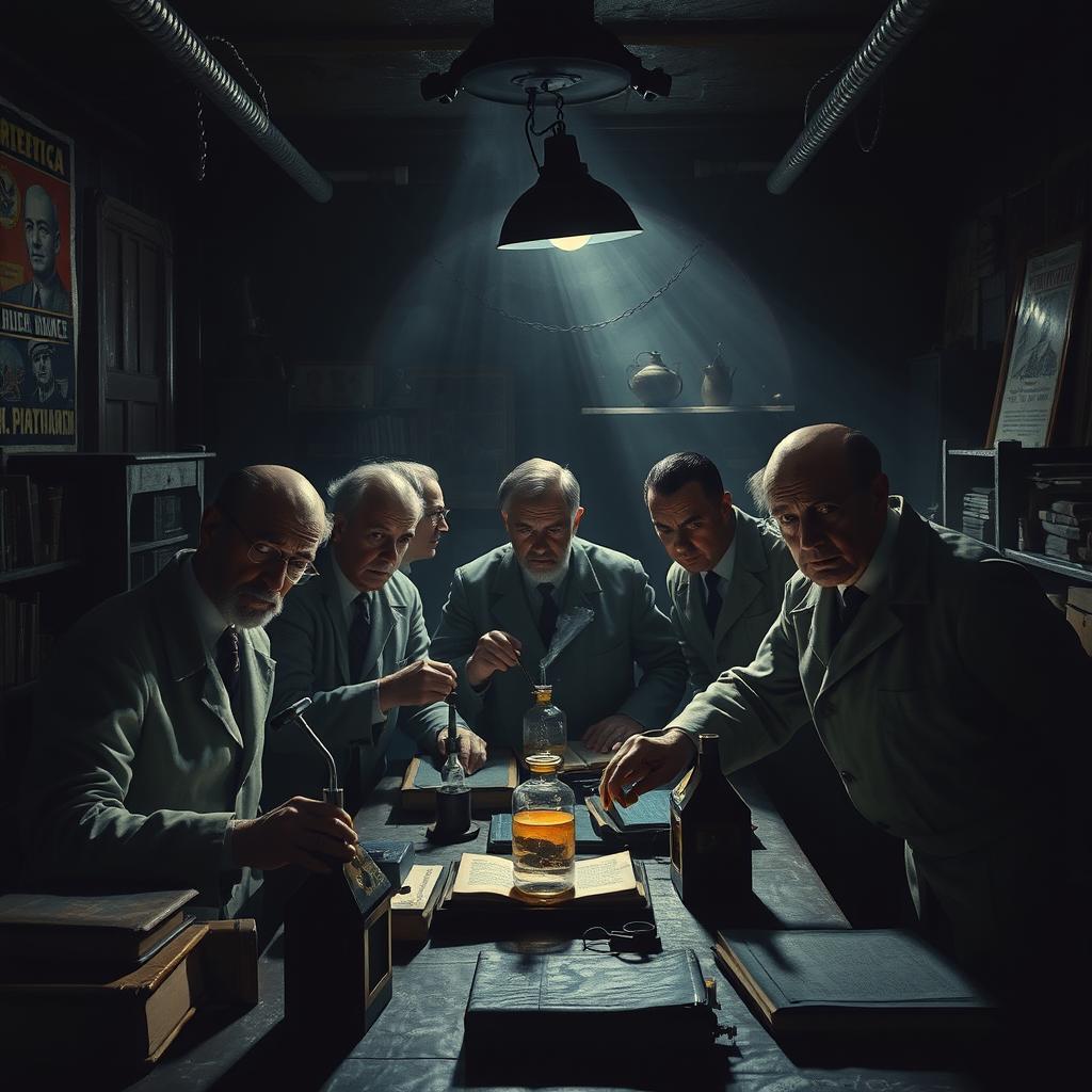 A dark and ominous atmosphere depicting a group of scientists in a shadowy laboratory, working on dubious experiments