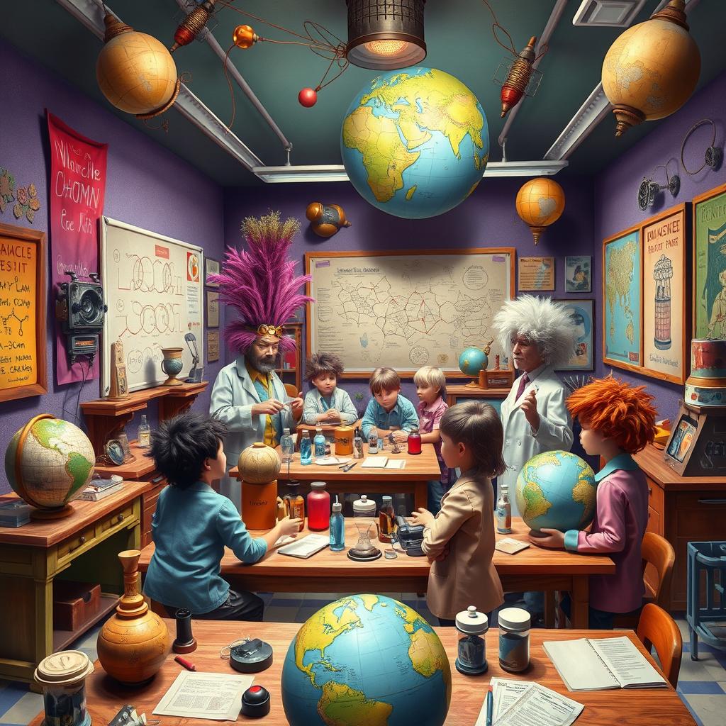 A surreal and imaginative scene depicting a classroom setting where eccentric scientists, styled as mad scientists with wild hair and quirky inventions, instruct a group of children in a whimsical and colorful environment