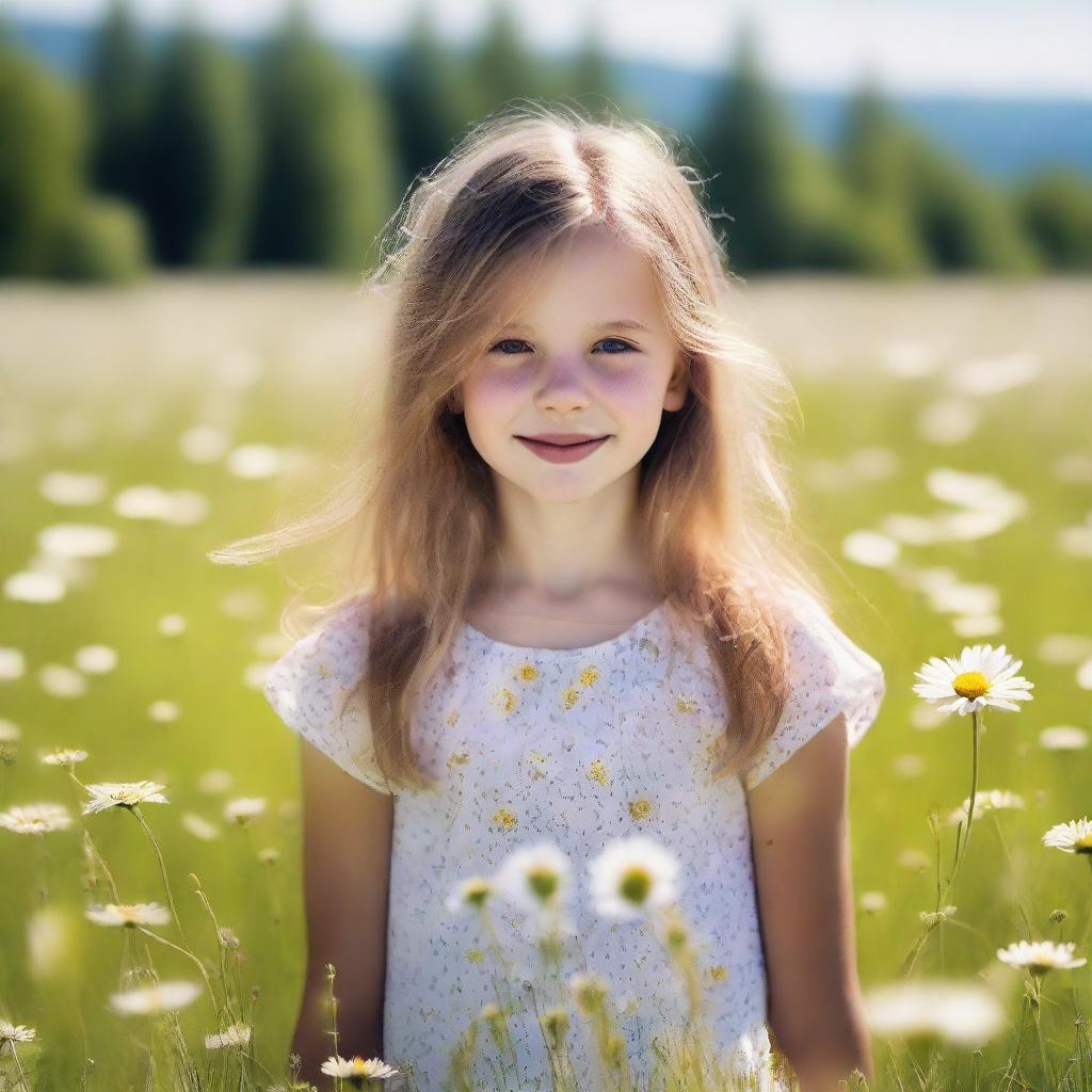 A young girl standing in the middle of a blossoming meadow during a bright, sunny day.