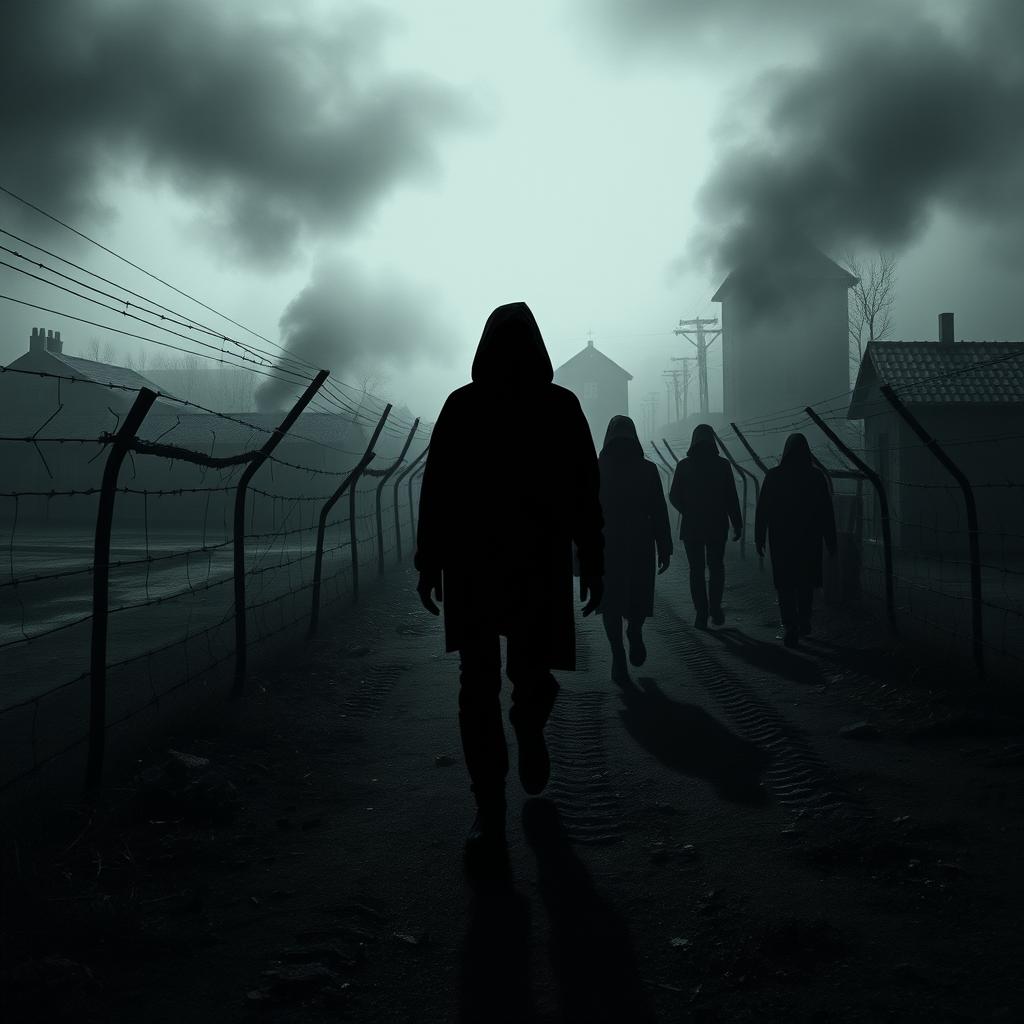 Realistic and somber images of concentration camps fading into ethereal shadows of sad individuals walking away, conveying a deep sense of loss and reflection