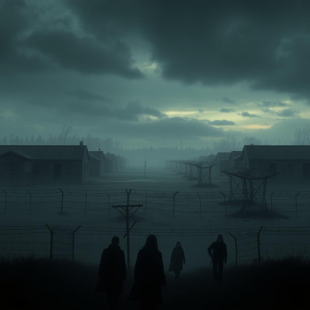 A haunting scene depicting the remnants of a concentration camp, showing stark barracks and barbed wire under a gloomy sky