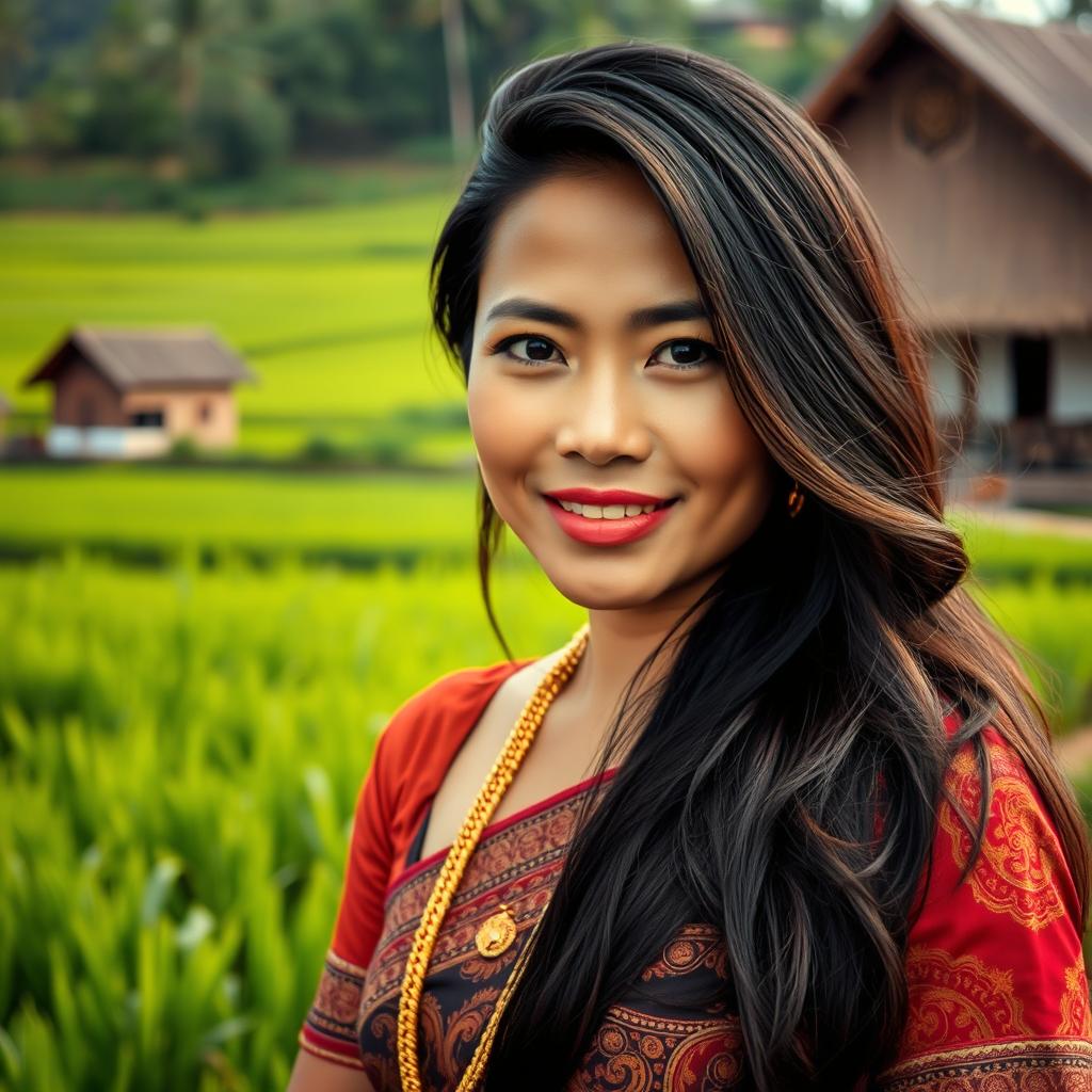 A portrait of a beautiful Javanese woman from Central Java, Indonesia, dressed in traditional Javanese attire