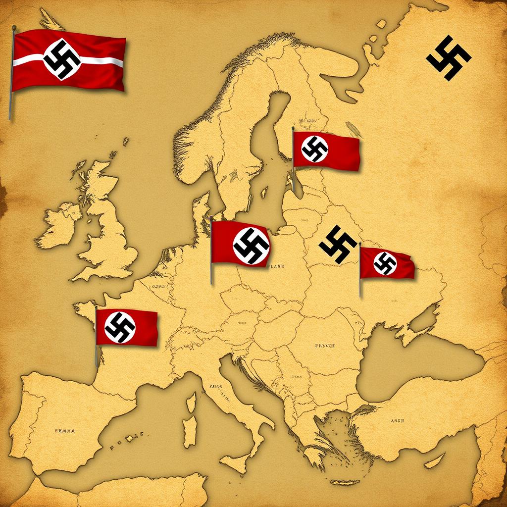 A collection of vintage 1940s style maps depicting the expansion of the Third Reich across Europe, with Nazi flags prominently displayed in various countries