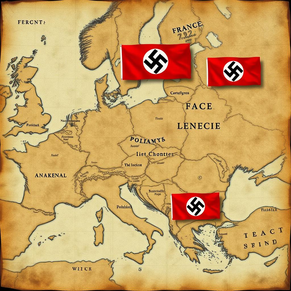 An old, vintage map depicting the expansion of the Third Reich during World War II, with distinct areas marked by Nazi flags in various countries such as Poland, France, and the Soviet Union