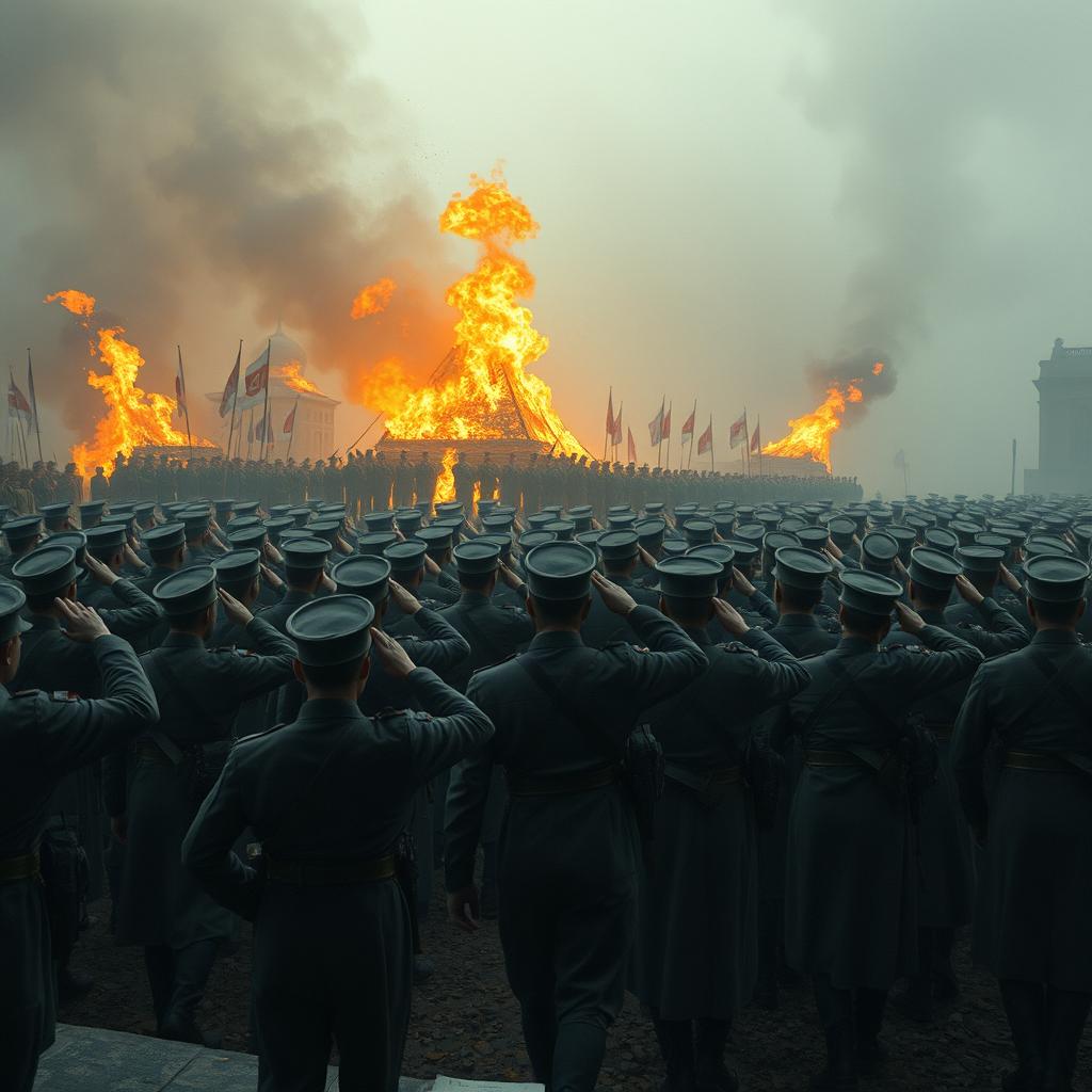 A dramatic historical scene depicting soldiers marching in a disciplined formation, set against the backdrop of a book burning event, with flames and smoke visible