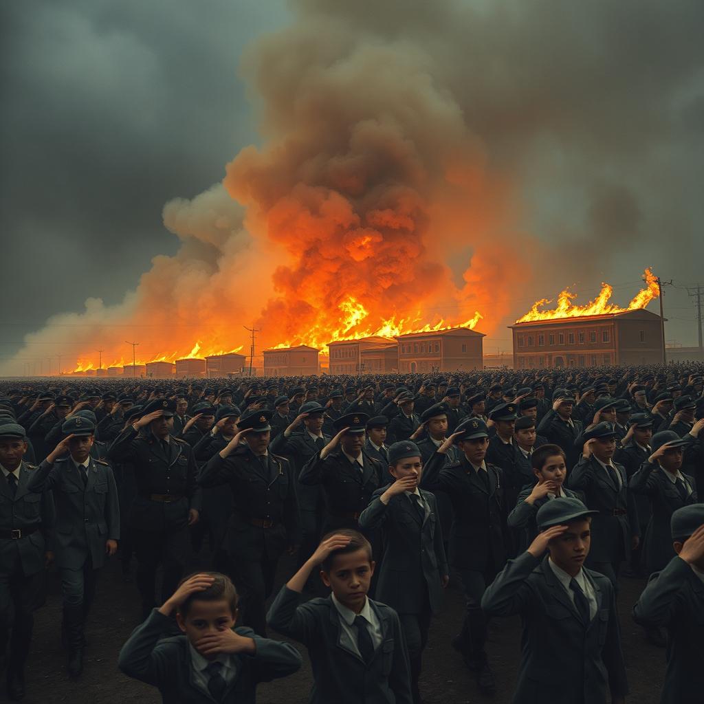 A dramatic scene depicting soldiers marching in a disciplined formation, with smoke rising in the background from burning books, symbolizing censorship and destruction of knowledge
