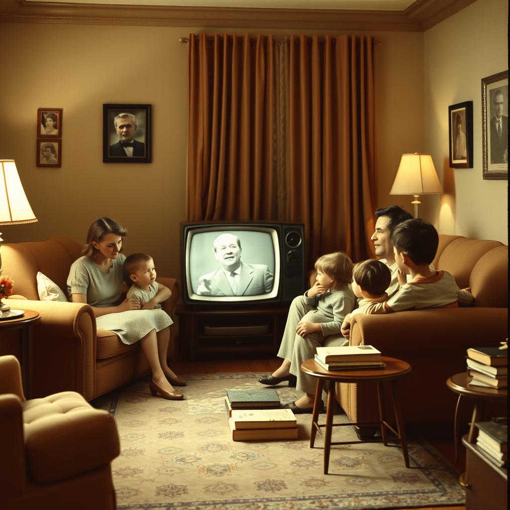 A nostalgic scene of a family gathered in a cozy living room, intently watching a vintage black and white television