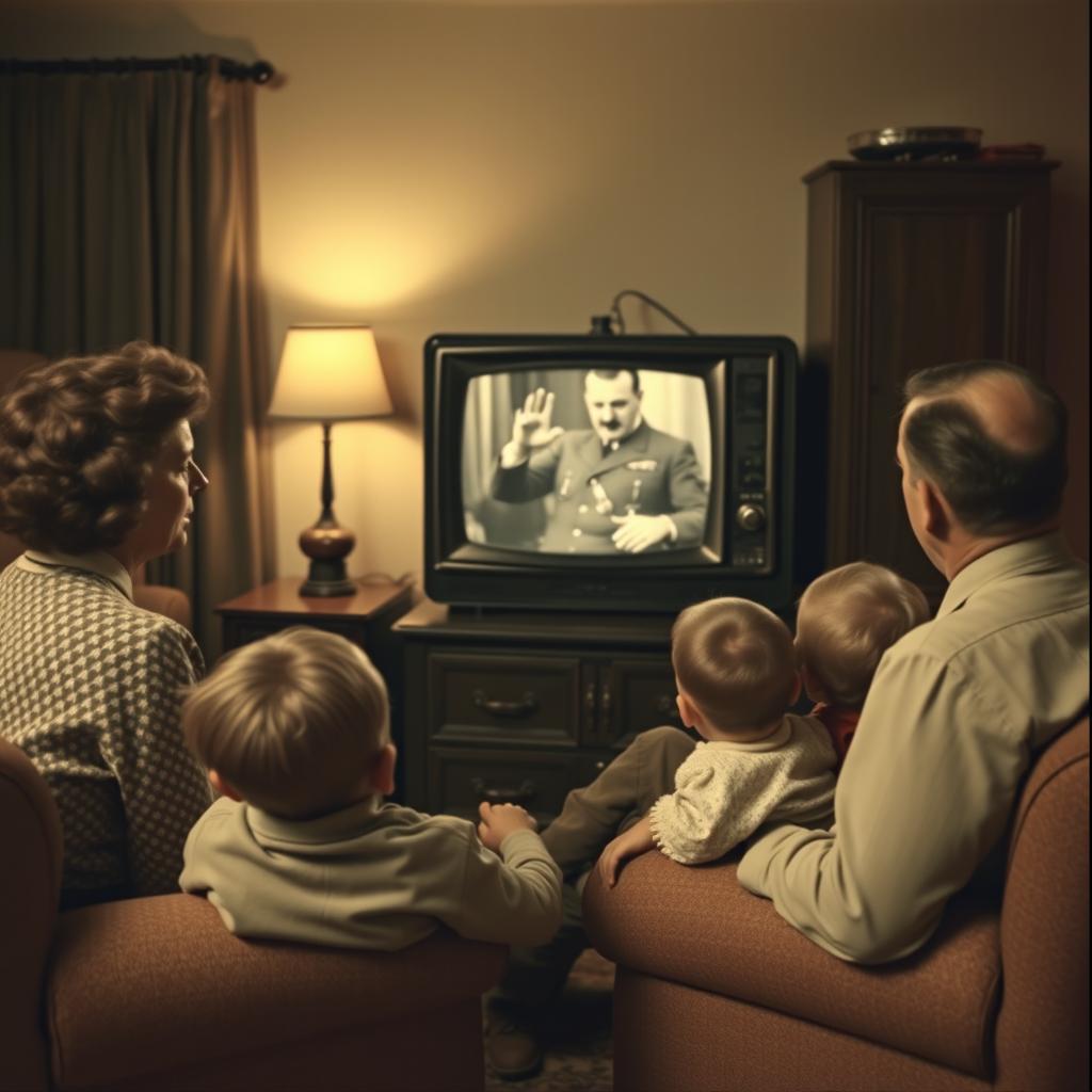 A family gathered in a cozy living room, watching a vintage black and white television set