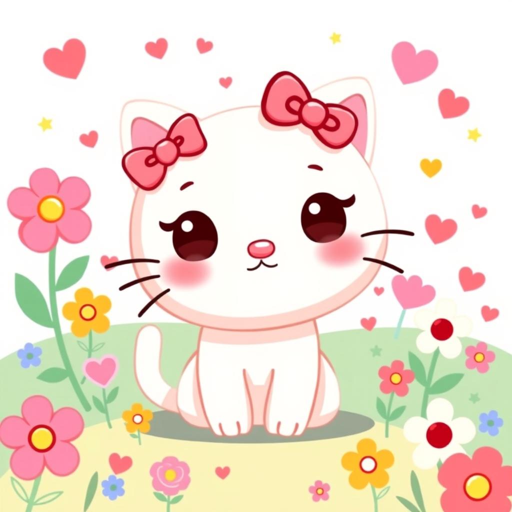 A cute and playful scene featuring a whimsical cartoon cat inspired by kawaii culture