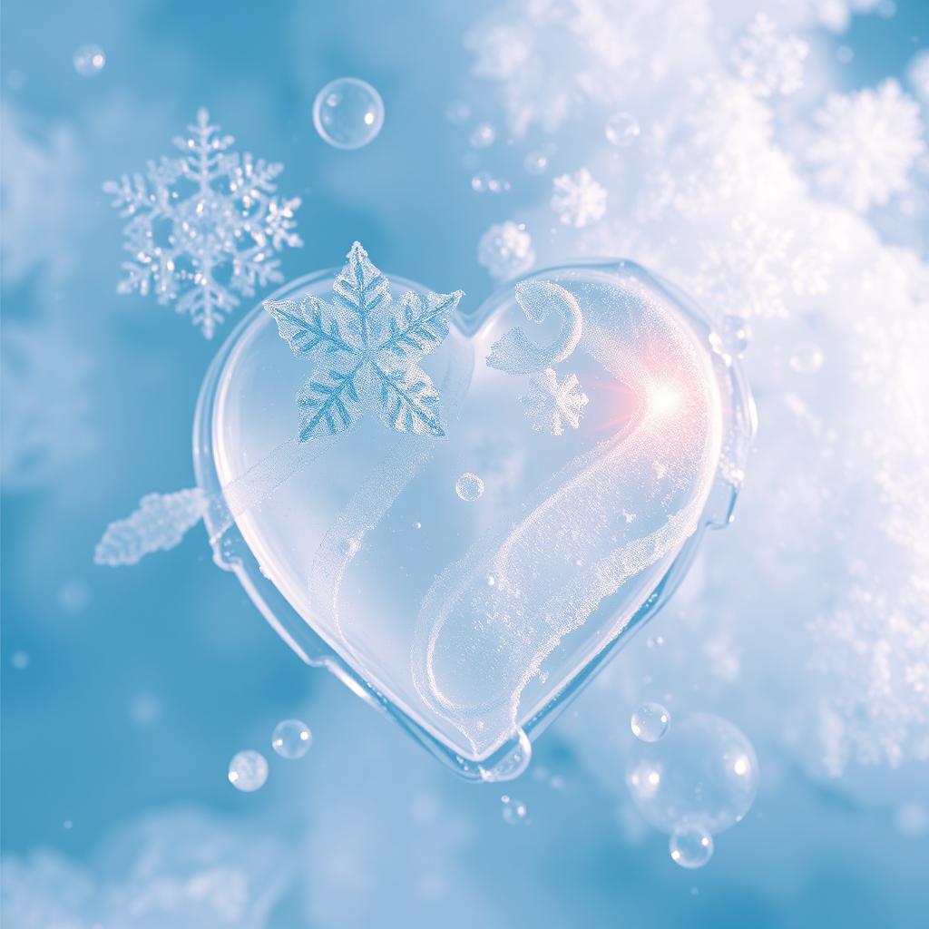 A striking image of a frozen heart encased in clear, shimmering water