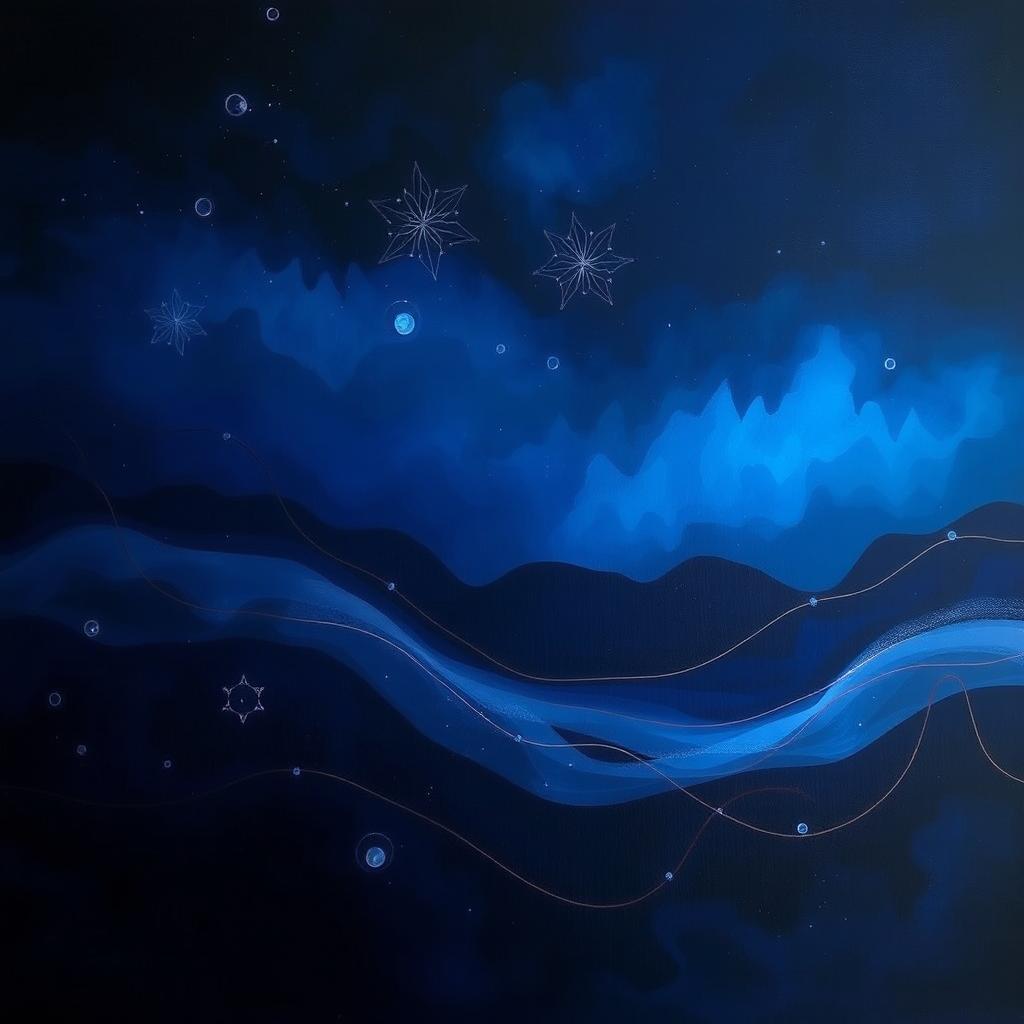 A beautiful introspective artwork featuring dark colors, deep blues, and purples, showcasing a serene landscape with abstract shapes and forms
