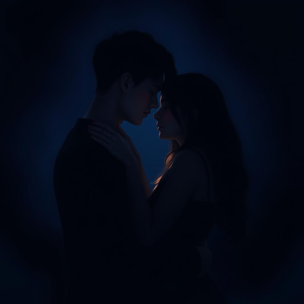 A beautiful and emotional romantic scene featuring two people in a solitary introspective moment together, surrounded by dark colors creating a moody atmosphere