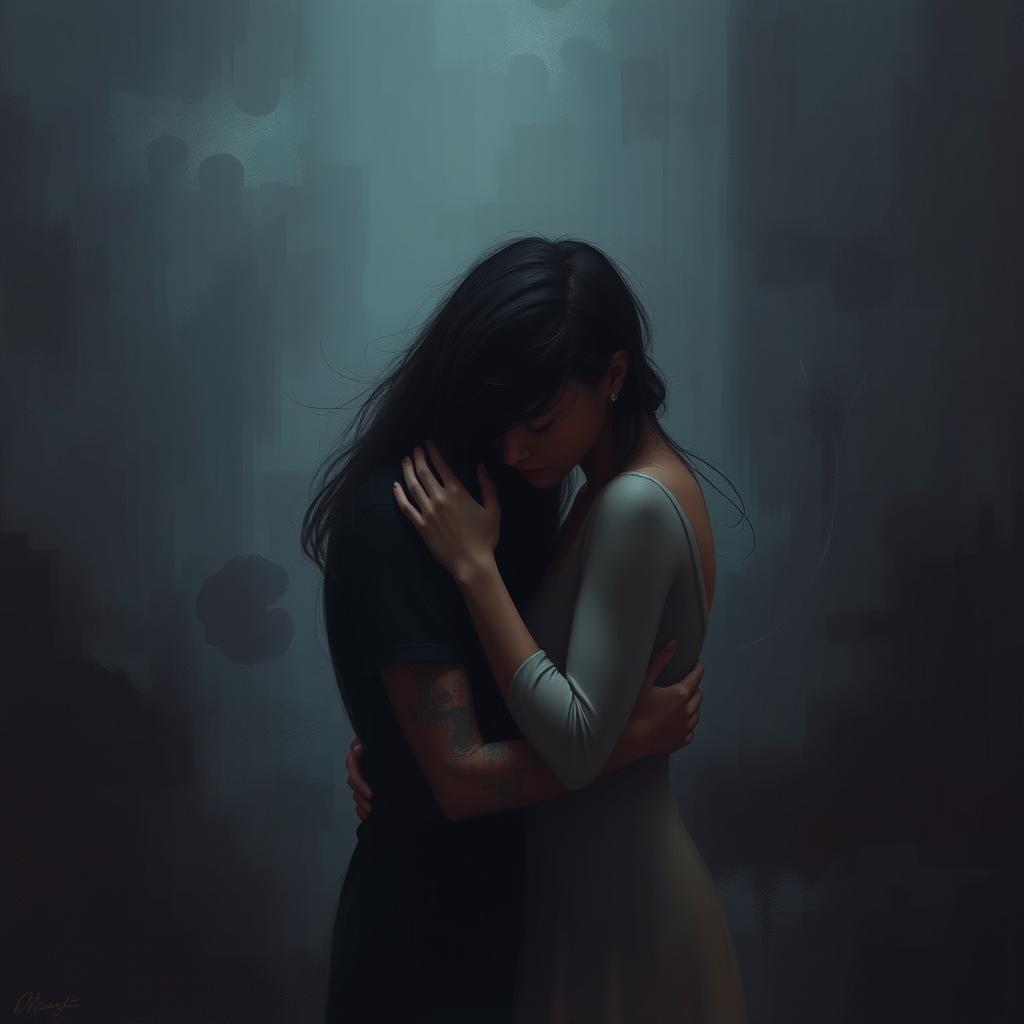 An introspective and solitary art scene featuring two people in a romantic and emotional embrace