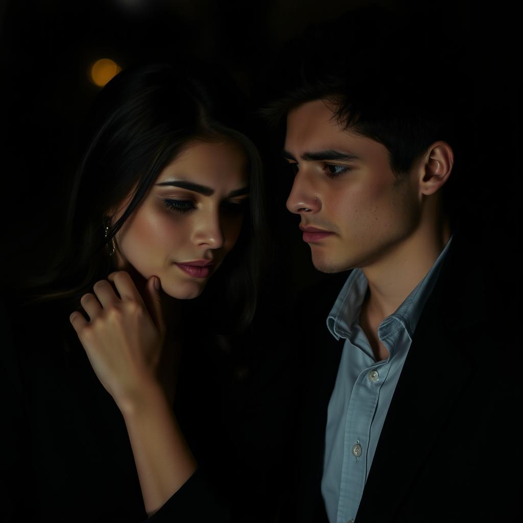 A beautiful and emotional romantic scene featuring two introspective individuals in a solitary setting