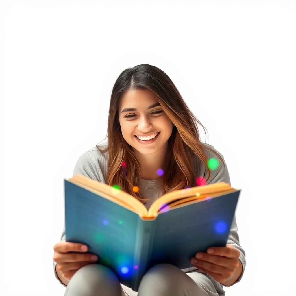 A cheerful woman sitting and reading a book, with colorful lights radiating from the book as she smiles