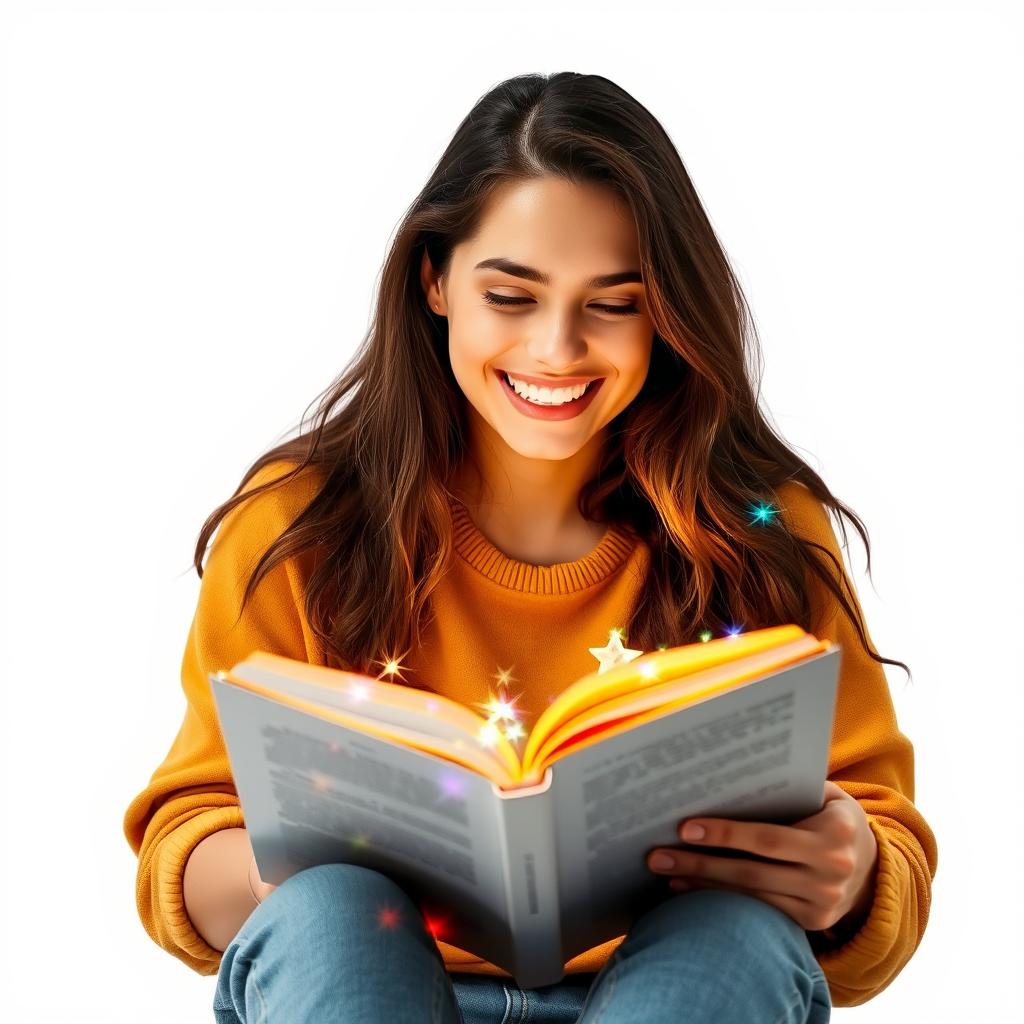 A joyful young woman sitting down and reading a book, with sparkling, colorful lights emanating from the pages, illuminating her face with a warm glow