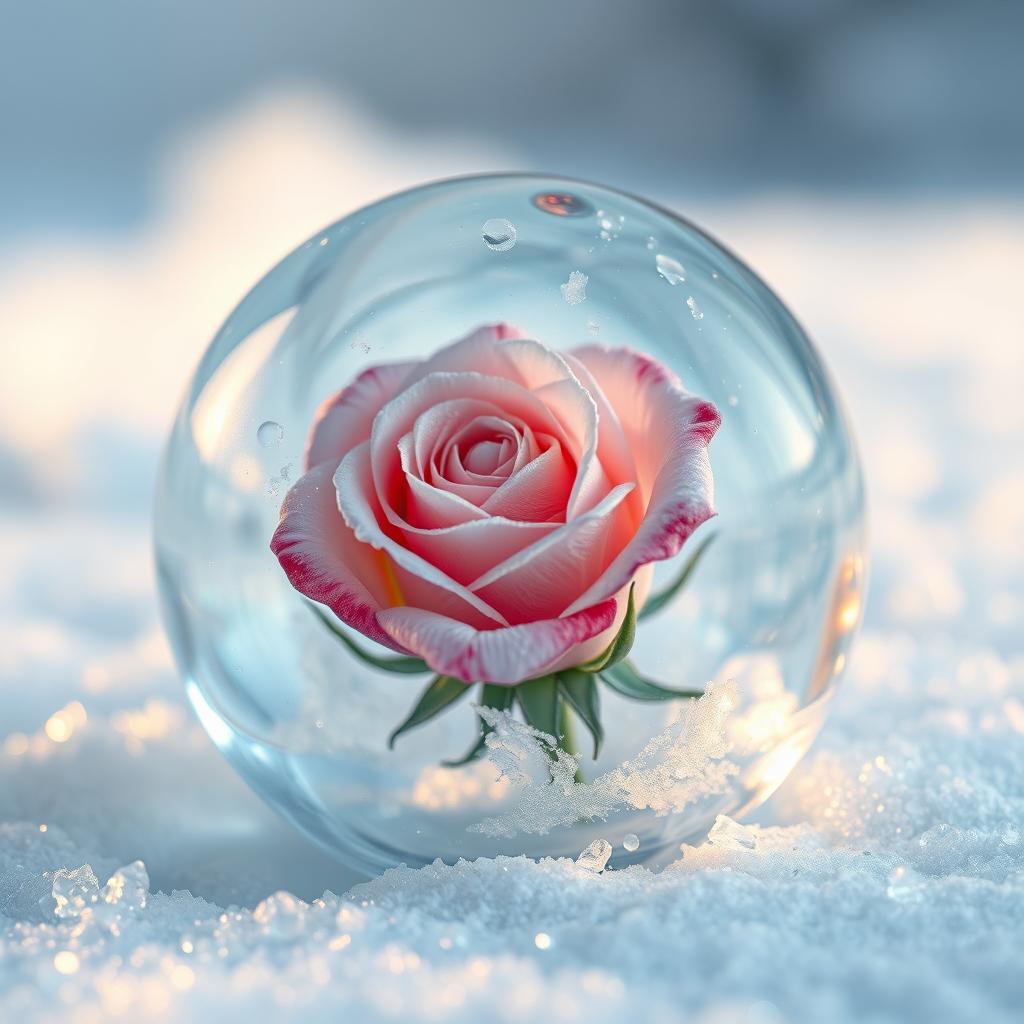 An introspective artwork depicting a frozen rose encapsulated in clear ice, symbolizing the contrast between beauty and fragility
