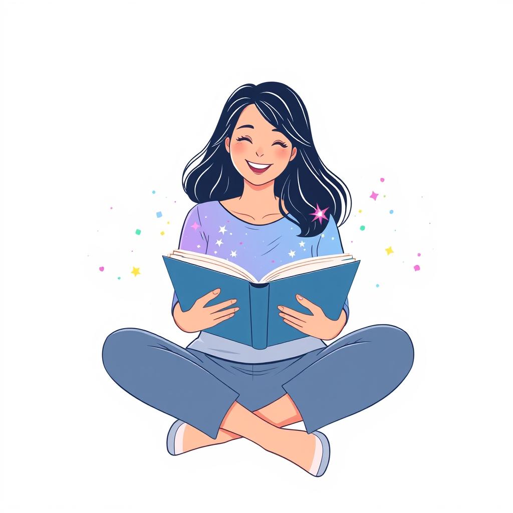 A minimalist and flat illustration of a cheerful woman sitting down, engrossed in reading a book
