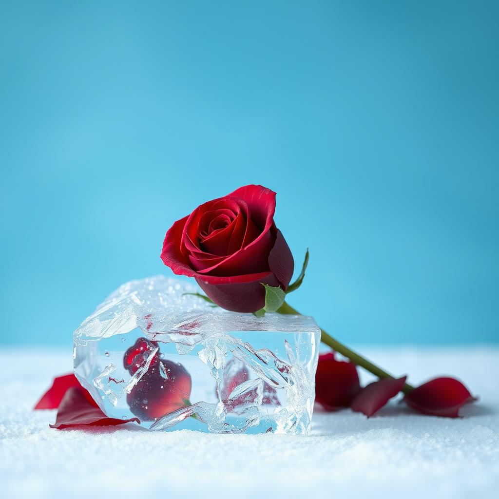 An introspective piece featuring a single, deep red rose frozen in ice, resting elegantly against a soft blue background that enhances the vibrant color of the rose