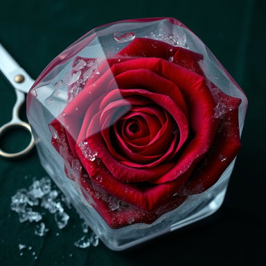 Frozen Beauty: A Deep Red Rose Encased in Ice
