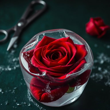 Frozen Beauty: A Deep Red Rose Encased in Ice