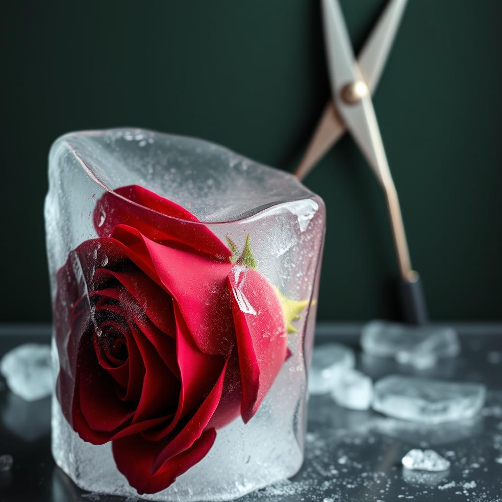 Frozen Beauty: A Deep Red Rose Encased in Ice