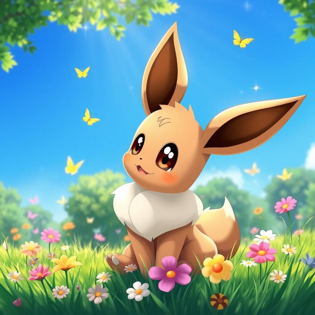 A cute, cartoon-style Eevee with big, expressive eyes and fluffy fur, sitting in a vibrant, lush grassy field dotted with colorful flowers under a bright blue sky