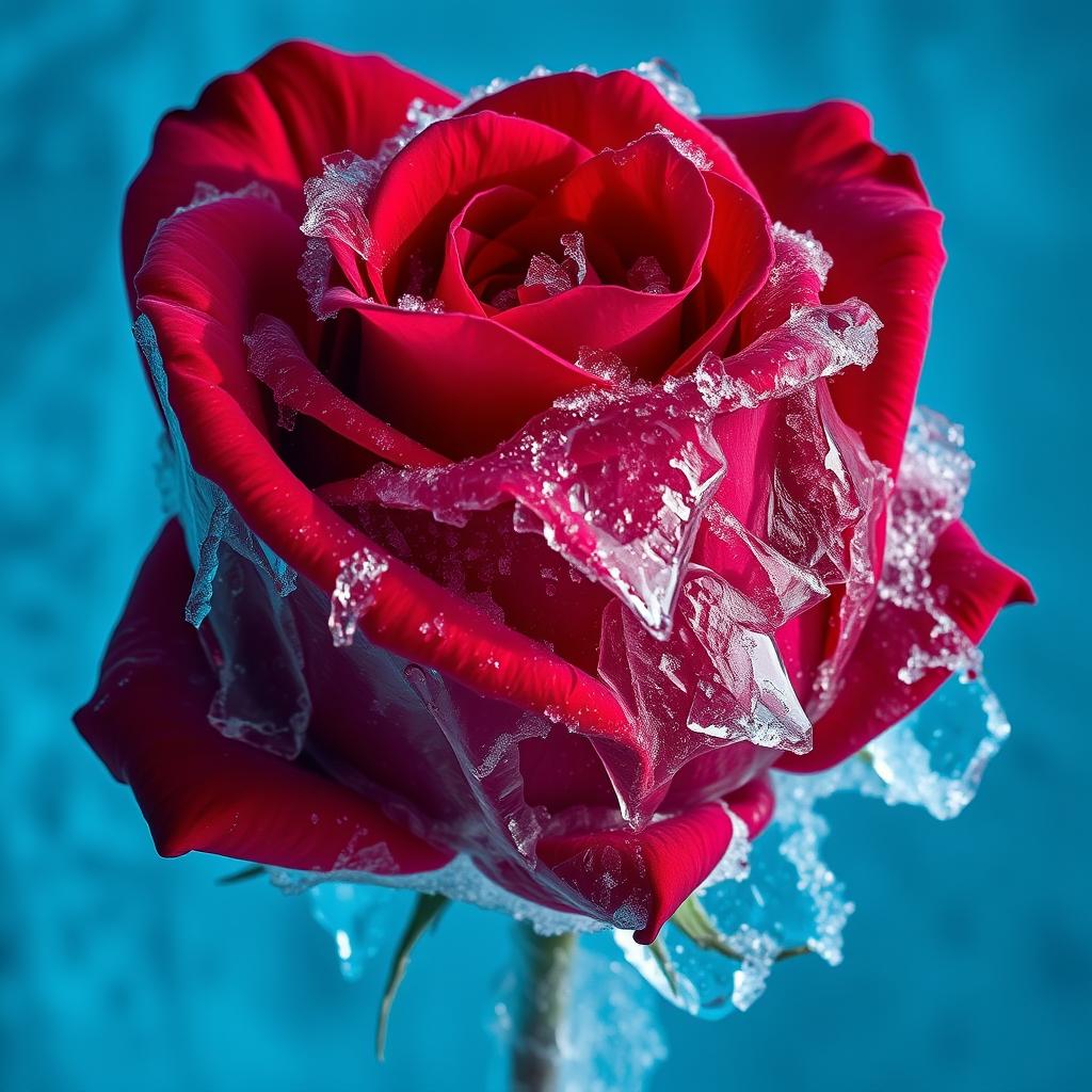 A large, vibrant red rose frozen in ice, beautifully detailed, showcasing the delicate petals encased in transparent frost