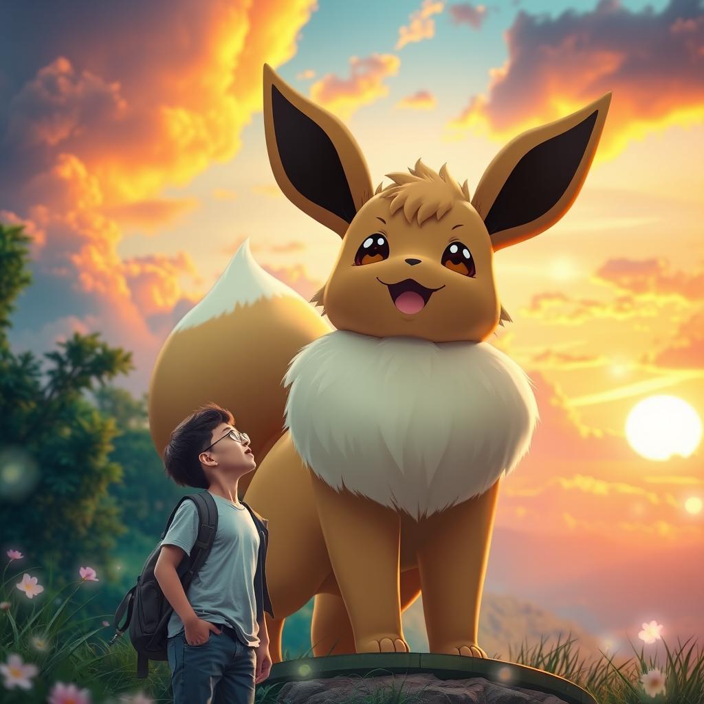 A giant Eevee towering majestically over its trainer in a vibrant fantasy landscape
