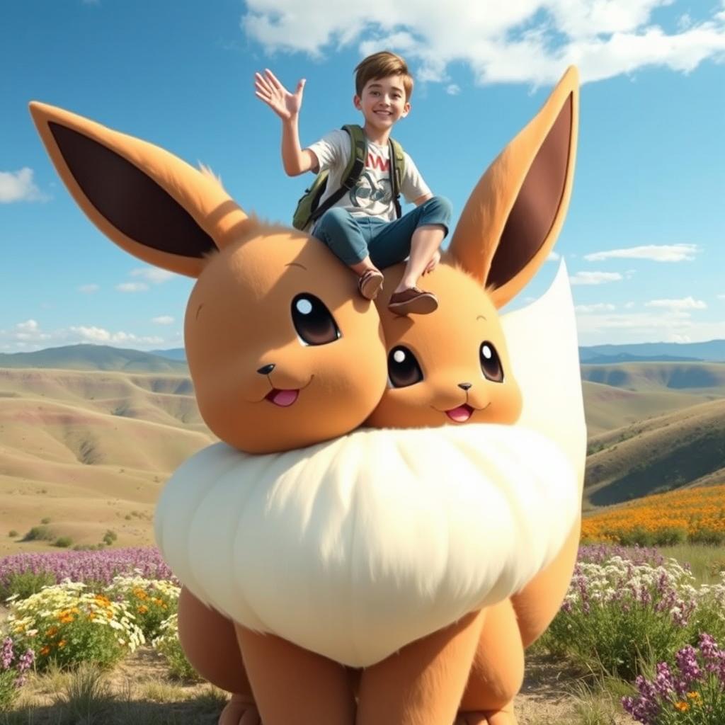 A giant, fluffy Eevee with a friendly demeanor, standing tall while a cheerful trainer sits comfortably on its head