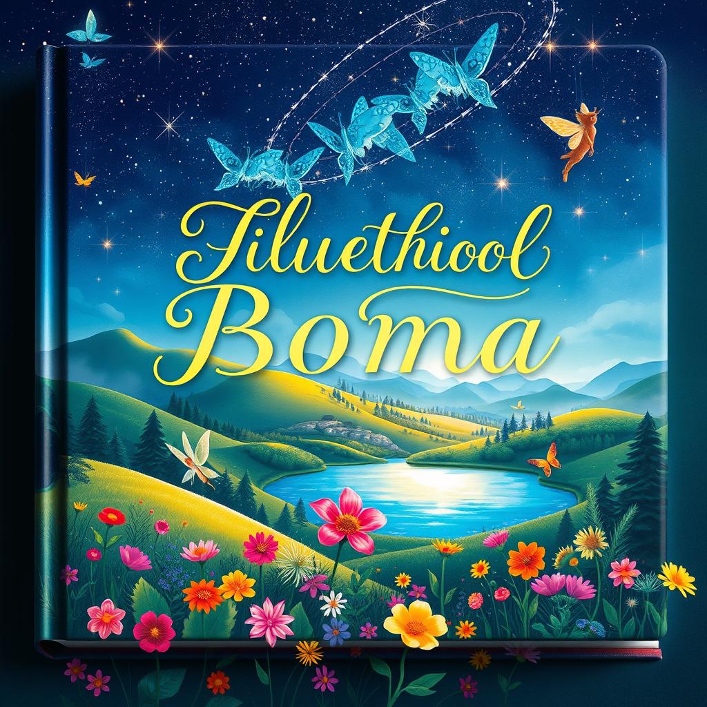 A stunningly beautiful illustrated book cover, featuring an enchanting landscape with rolling hills, a magical forest, and a shimmering lake under a starry night sky