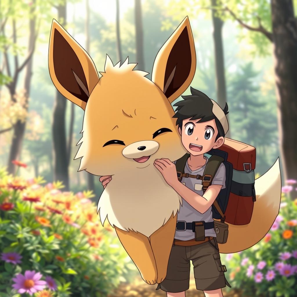A whimsical scene featuring a giant, fluffy Eevee with a playful yet mischievous expression, gently holding the lower body of its trainer in its mouth