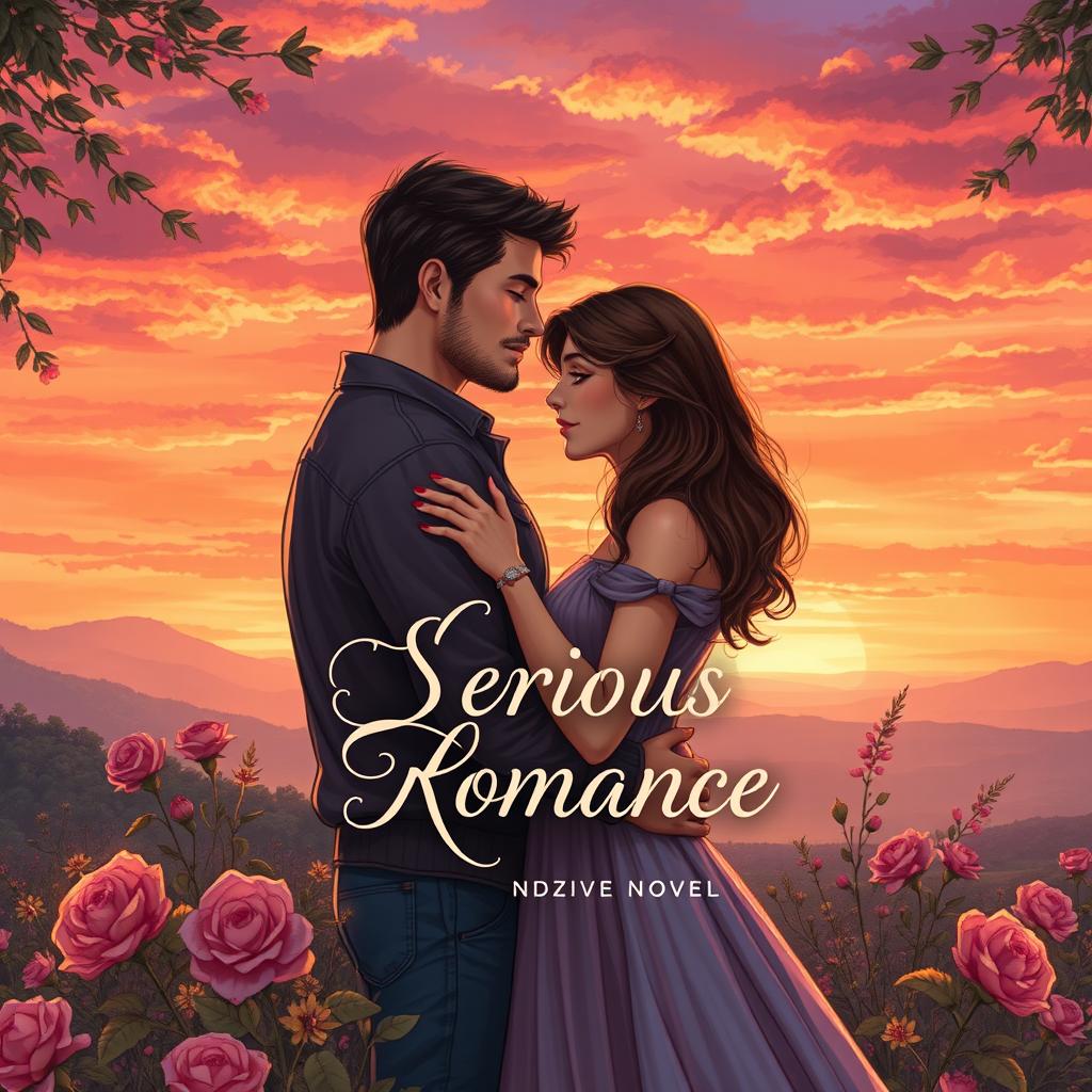 An exquisitely illustrated book cover for a serious romance novel featuring a heartwarming scene of two lovers embracing in a picturesque landscape