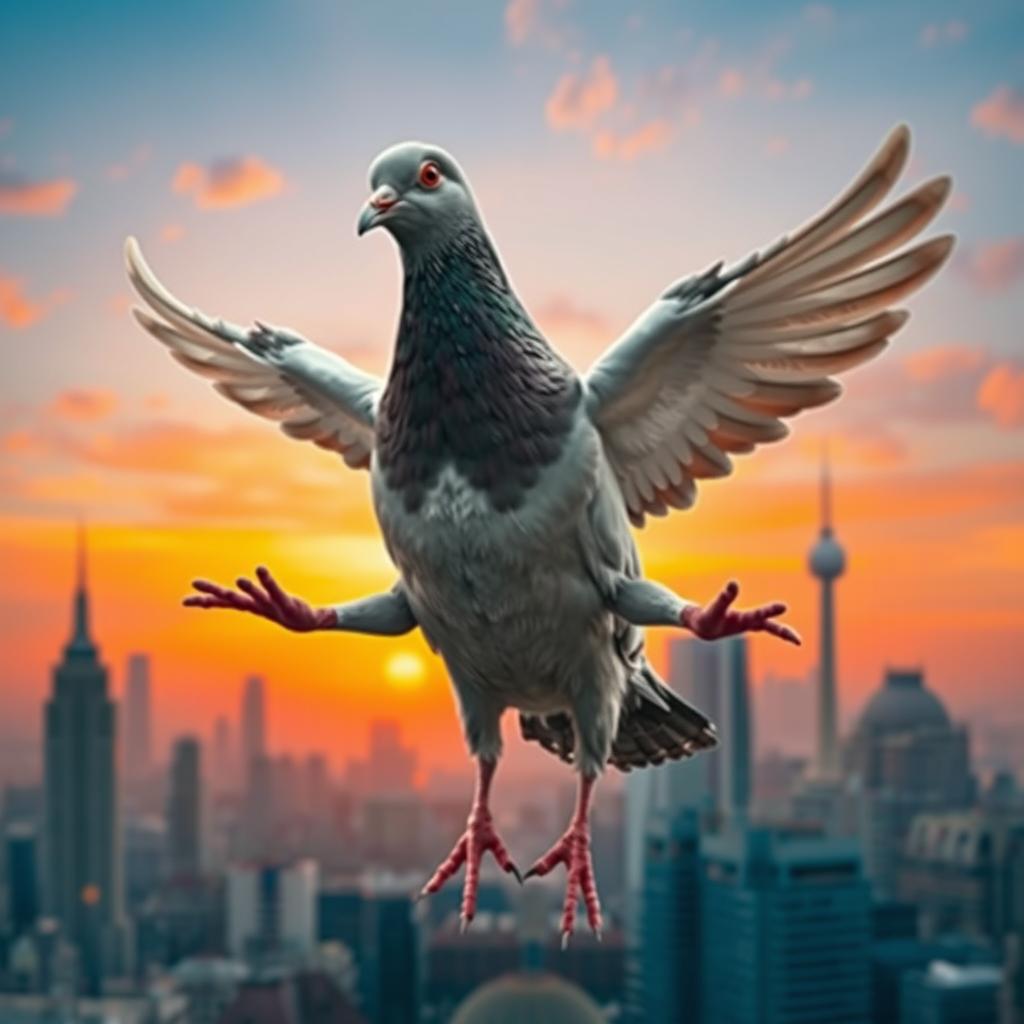 A surreal and imaginative scene depicting a pigeon transforming into a human
