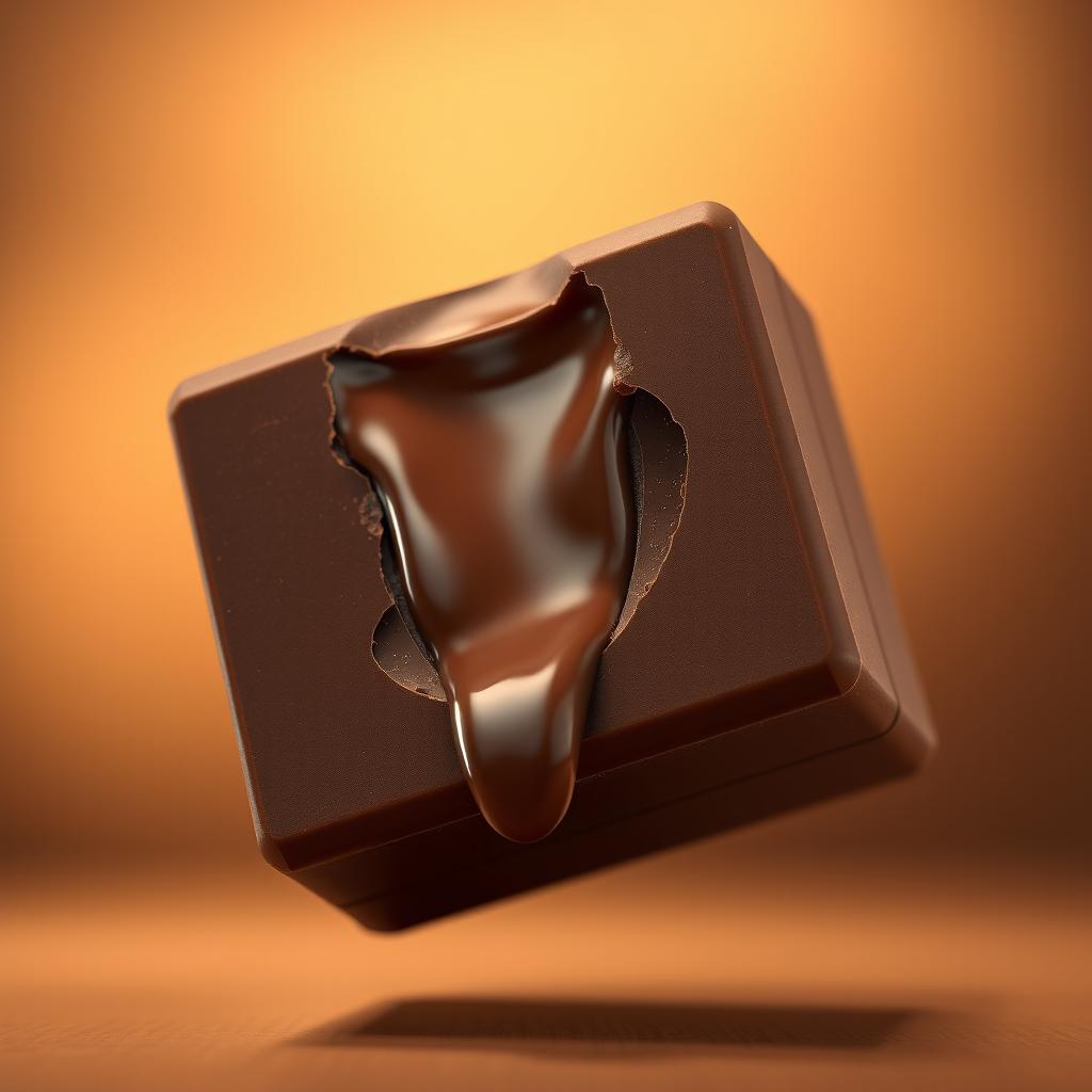 A hyper-realistic 3D render of a chocolate cube floating mid-air, partially cracked to reveal luscious, glossy choco-hazelnut spread melting and oozing from the inside