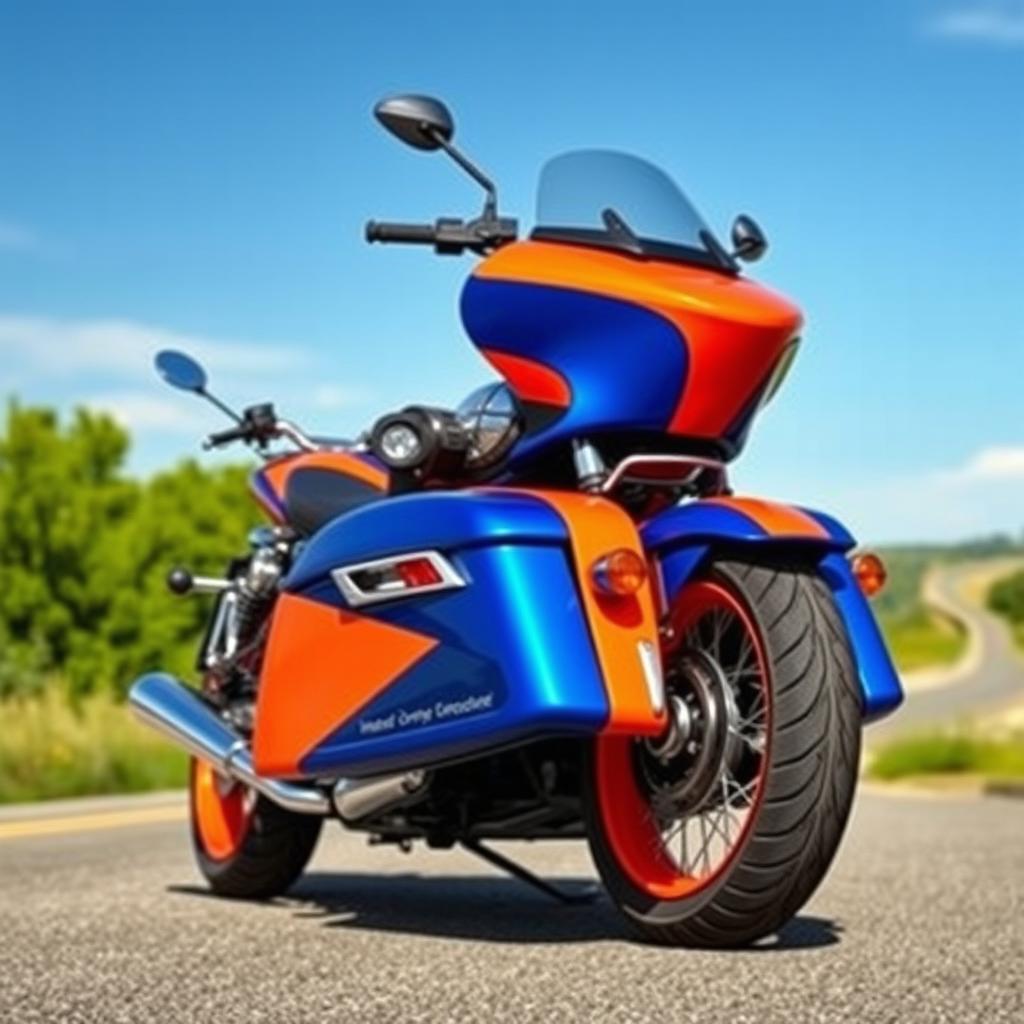 A vibrant motorcycle sidecar painted in a stunning color combination of deep cobalt blue and bright orange