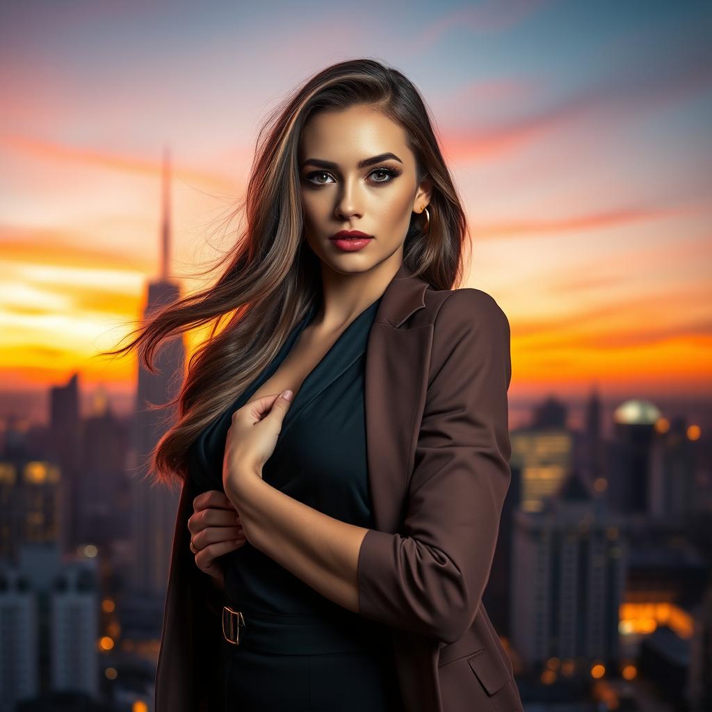 A stunning portrait of a fashionable woman in an elegant outfit, posing confidently