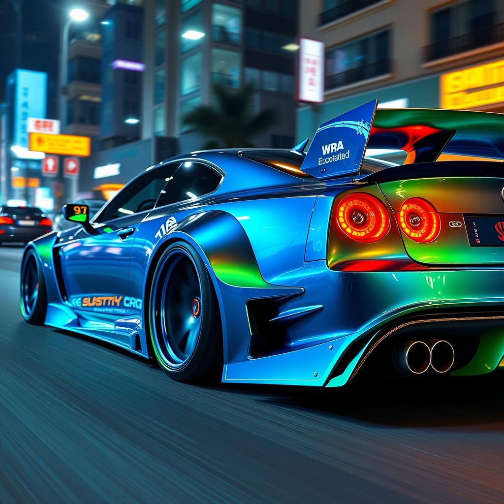 An impressive, modified car showcasing an aggressive custom body kit with an aerodynamic design, vibrant neon paint job in shades of electric blue and green