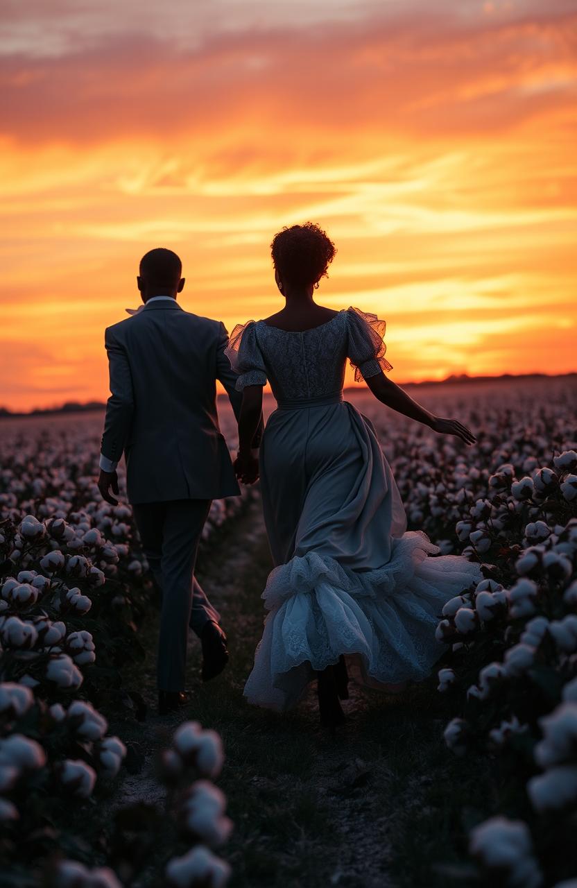 A sunset silhouette of a Black man and a White woman holding hands, running away into a vast cotton field