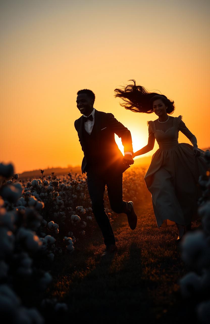 A stunning sunset silhouette showcasing a black man and a woman with long hair, both dressed in elegant Victorian clothing