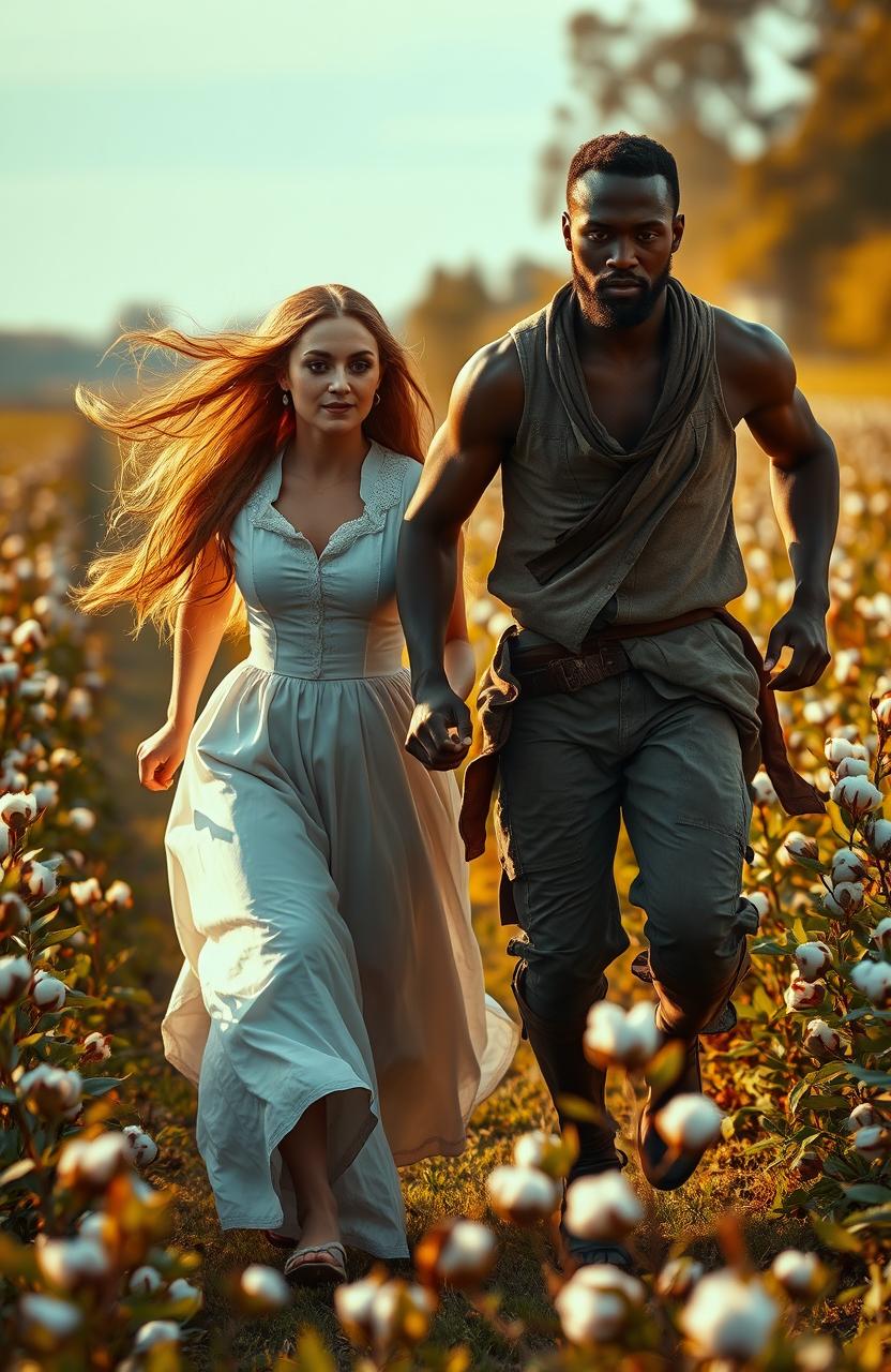A realistic photo depicting a Victorian-era scene with a long-haired woman in elegant Victorian clothing holding hands with a black man dressed in tattered clothing as they run together through a lush cotton field